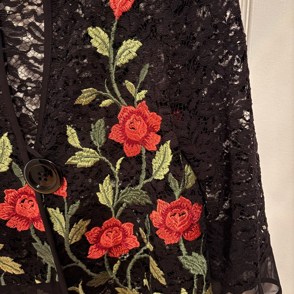 Joseph Ribkoff Black Lace Jacket with Red and Green Floral Design - Picture 7 of 7